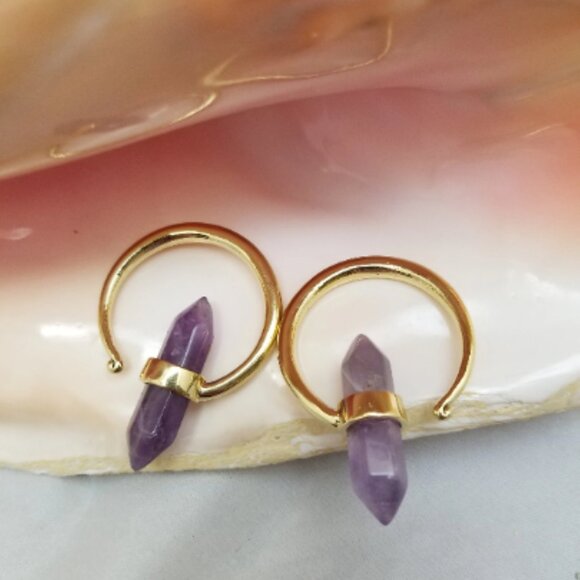 PAIR 2G Brass and Amethyst Spiral ear weights gauge Jewelry organic hangers NWT - Picture 3 of 5